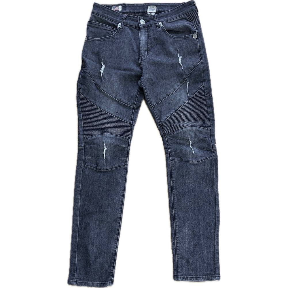 True Religion Mens Moto Jeans Charcoal Gray / black Ribbed Distressed Slim Fit